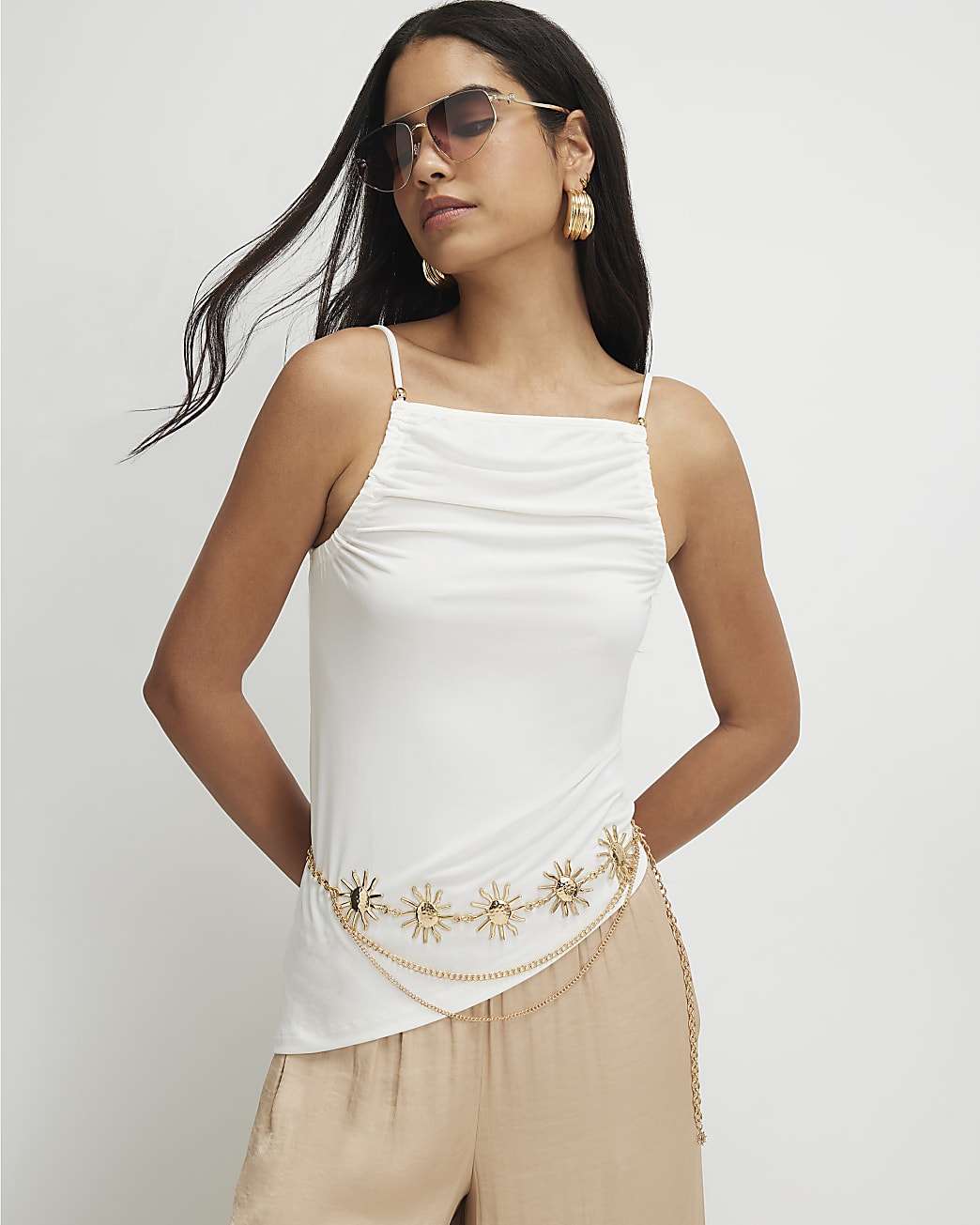 Womens Cream Beaded Strap Cami Top