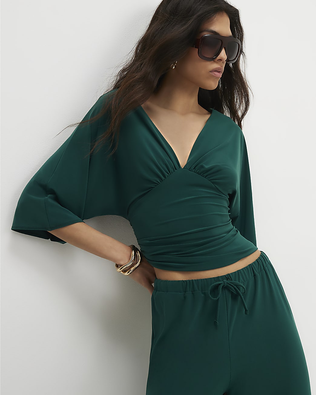 Womens Green Short Sleeve Plunge Neckline Top
