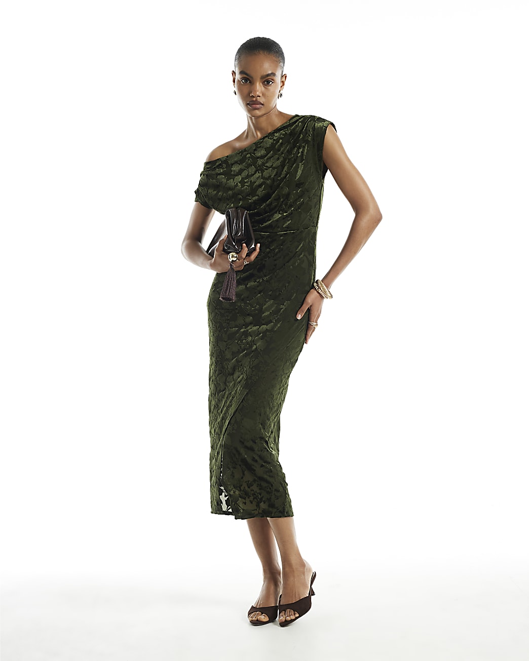 River Island Green Velvet Devore Drape Midi Dress