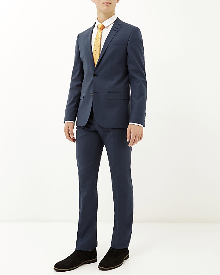 Blue wool blend slim suit jacket