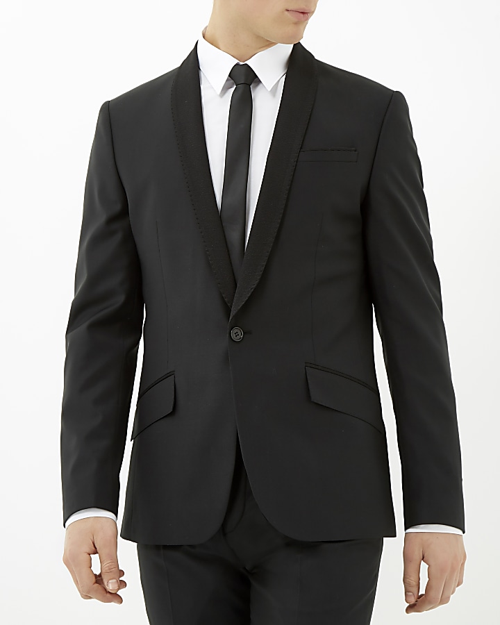 Black ribbed lapel wool slim suit jacket