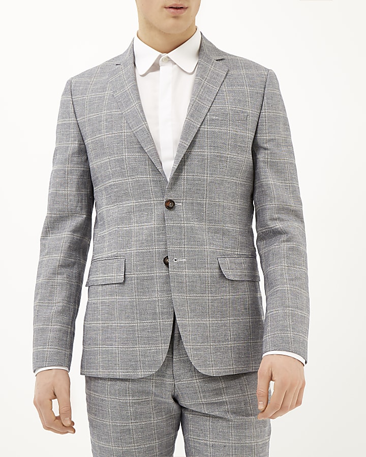 Grey check linen-blend slim suit jacket