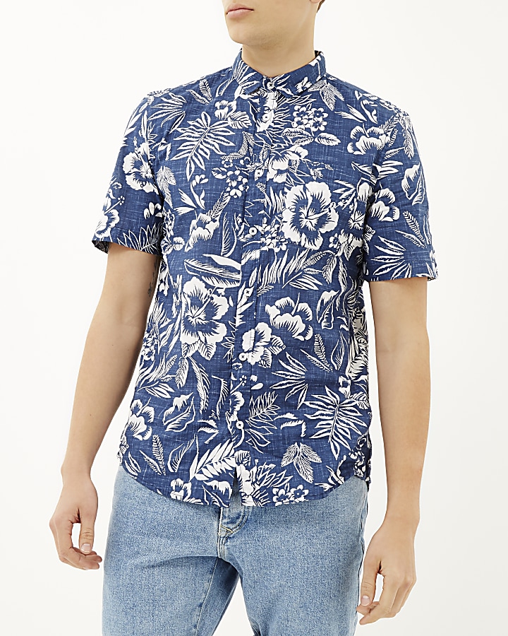 Blue Hawaiian print short sleeve shirt