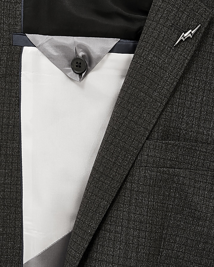 Grey check wool-blend slim suit jacket