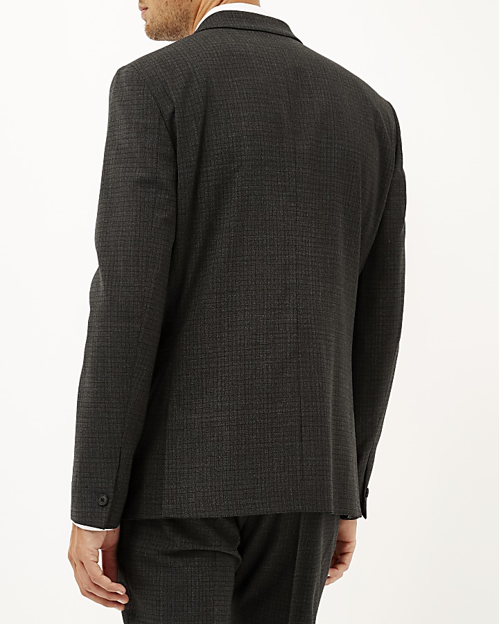 Grey check wool-blend slim suit jacket