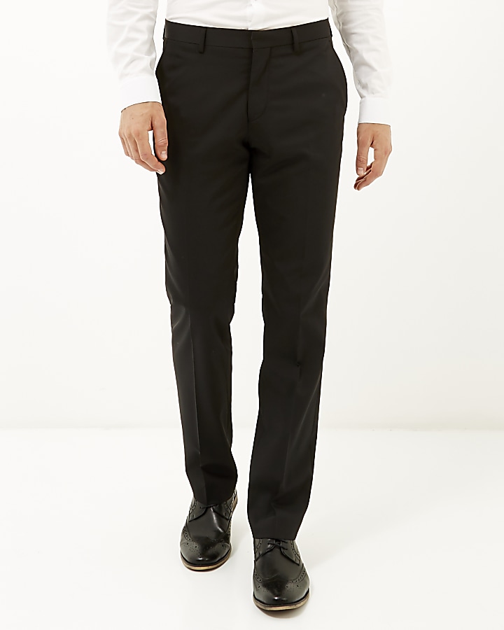Black wool-blend slim suit trousers