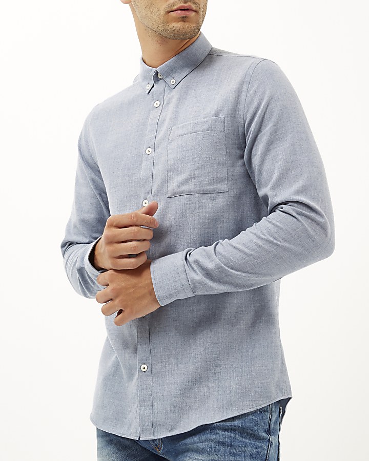 Blue flannel long sleeve slim shirt