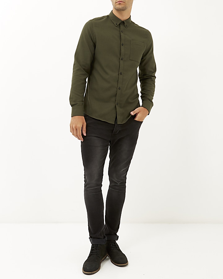 Green flannel long sleeve slim shirt