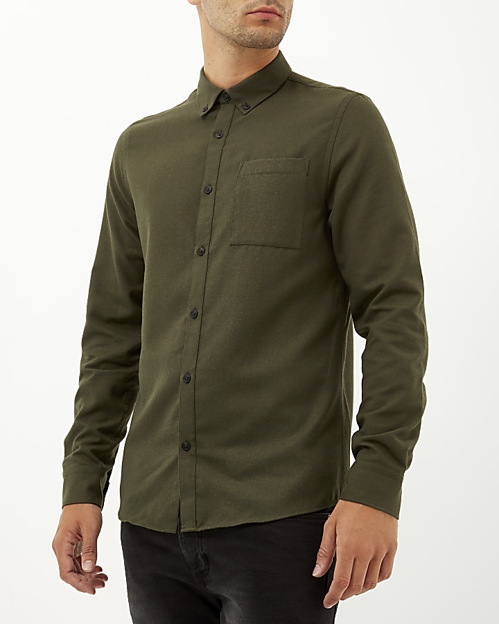 Green flannel long sleeve slim shirt