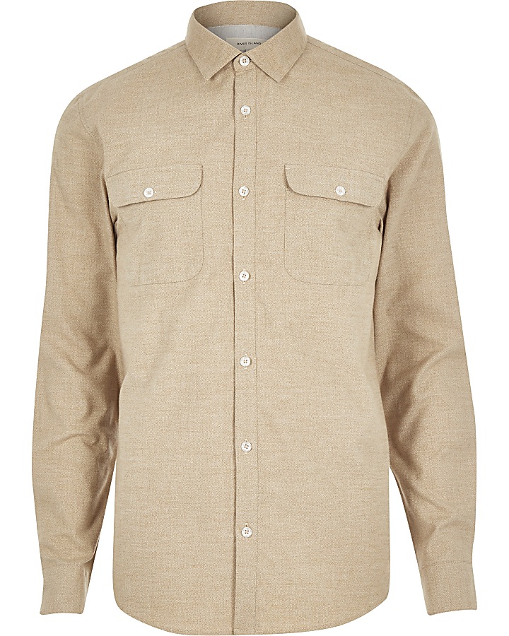 Dark beige brushed flannel two pocket shirt