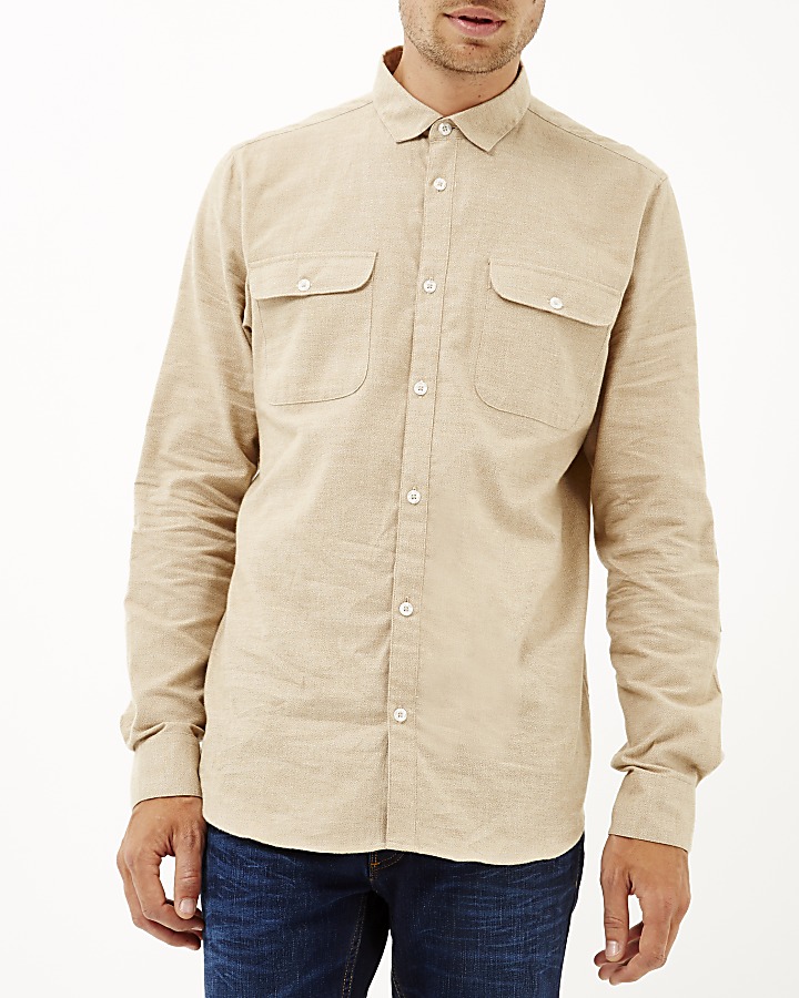 Dark beige brushed flannel two pocket shirt