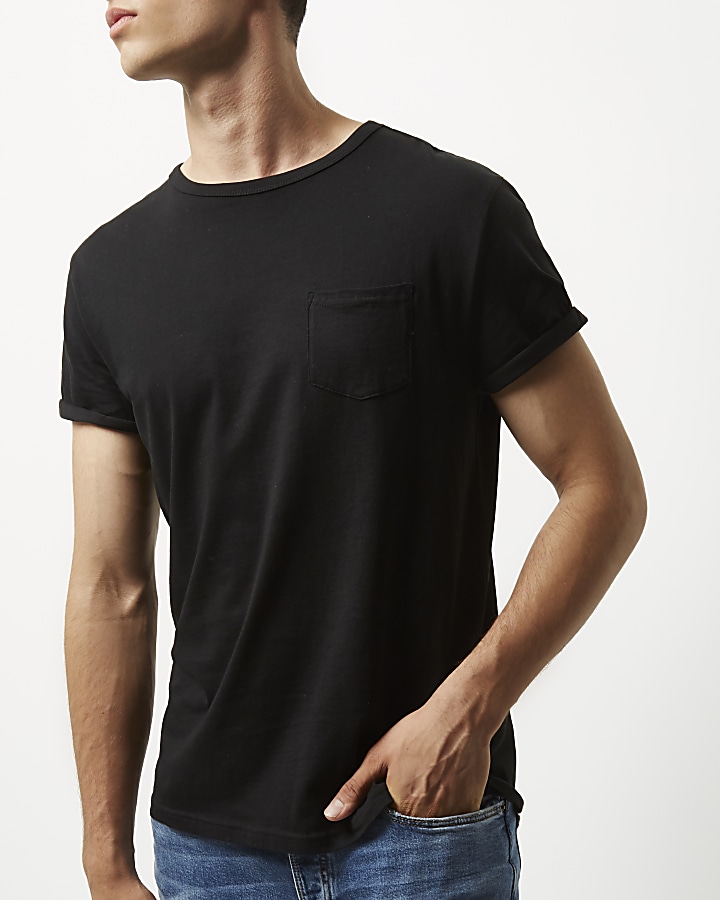 Black pocket rolled sleeve T-shirt