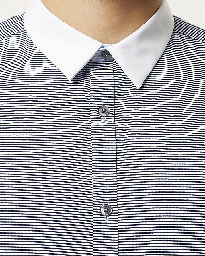 Blue check stripe sleeve slim shirt