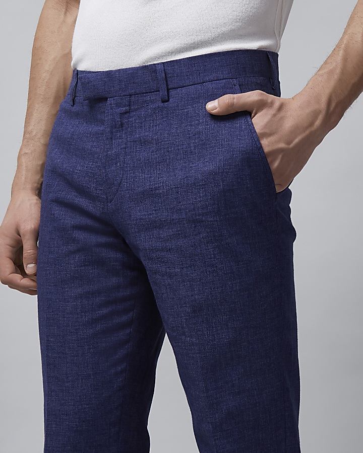 Blue linen slim fit suit trousers