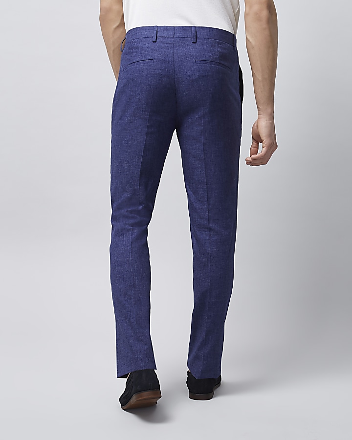 Blue linen slim fit suit trousers