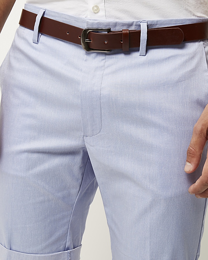 Blue slim fit belted bermuda shorts