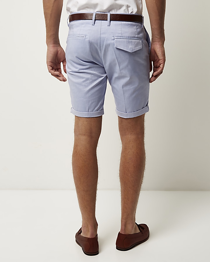 Blue slim fit belted bermuda shorts