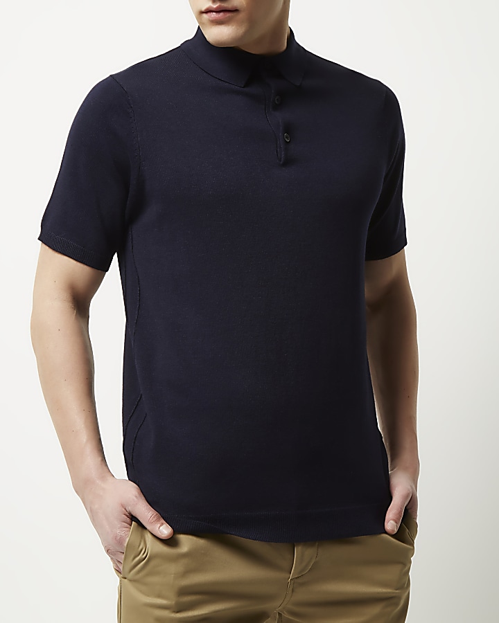 Navy knitted polo shirt