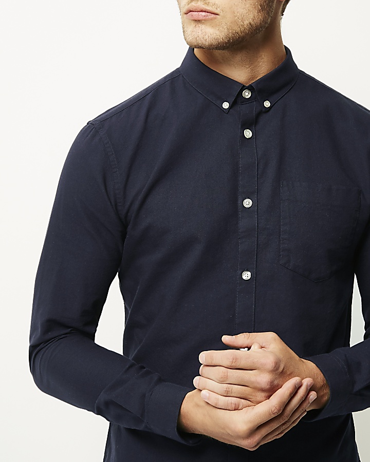 Navy slim fit long sleeve Oxford shirt
