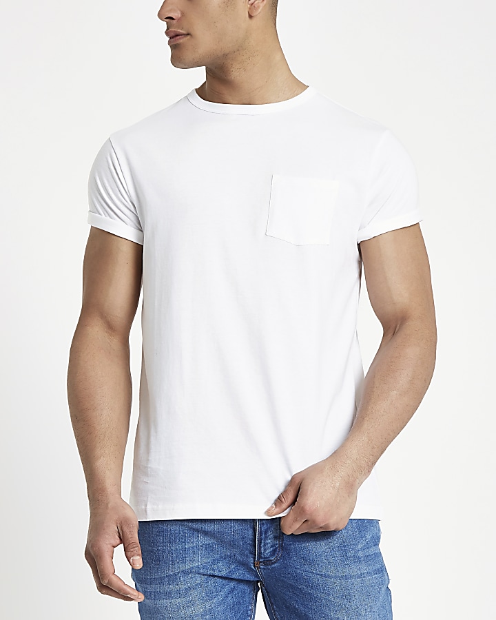 White crew neck chest pocket T-shirt
