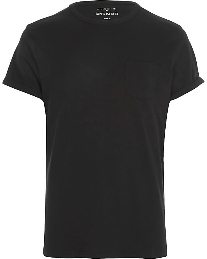 Black rolled sleeve pocket T-shirt