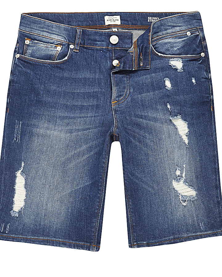 Blue wash distressed slim fit denim shorts