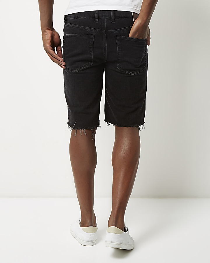 Black slim fit frayed denim shorts