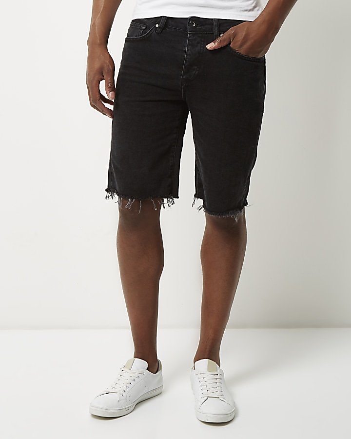 Black slim fit frayed denim shorts
