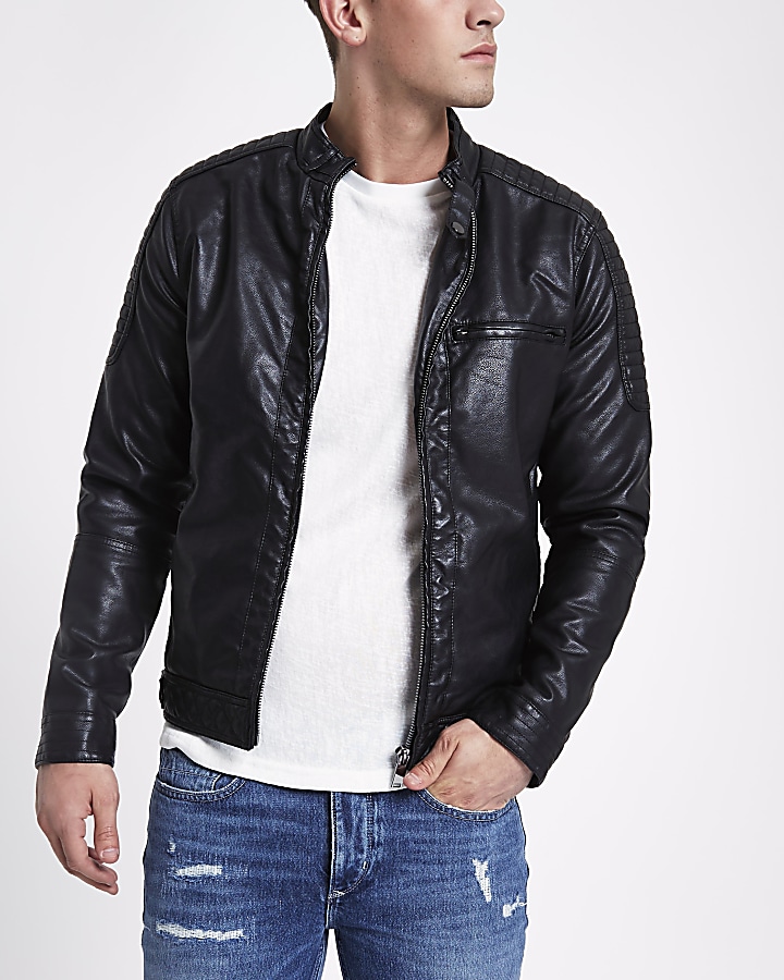 Black faux leather racer jacket