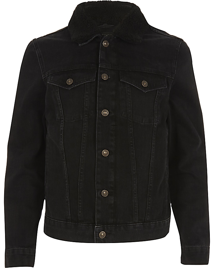 Black washed borg collar denim jacket