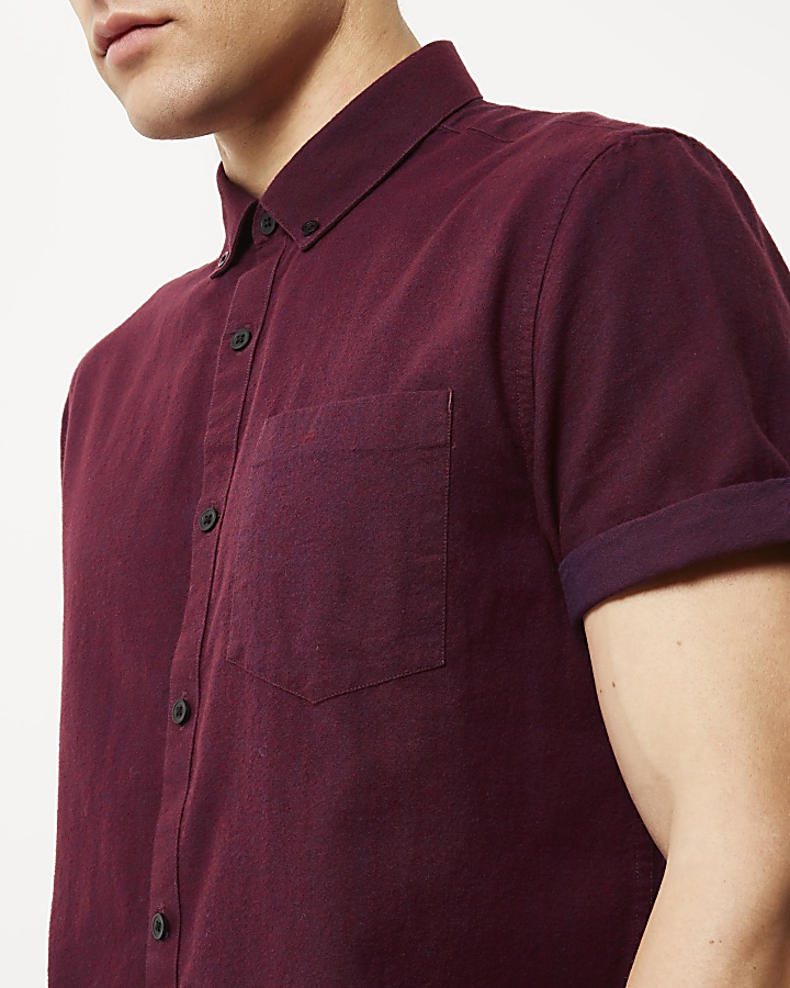 Red casual Oxford flannel short sleeve shirt