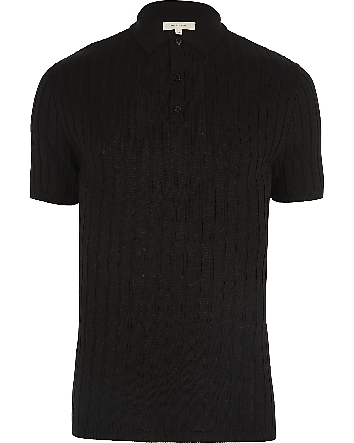 Black ribbed muscle fit polo shirt