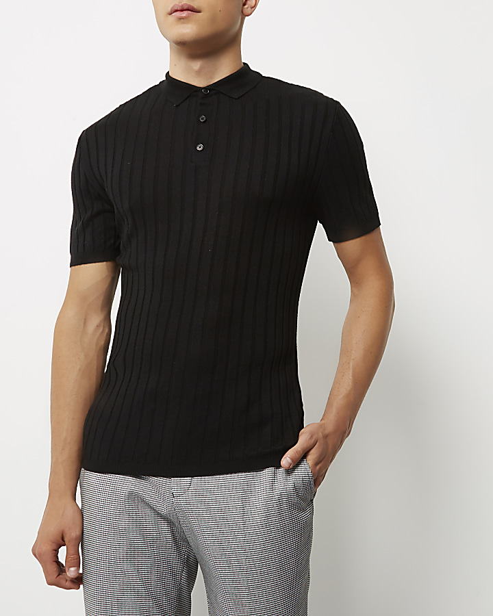 Black ribbed muscle fit polo shirt