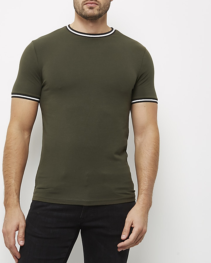 Khaki green tipped muscle fit T-shirt