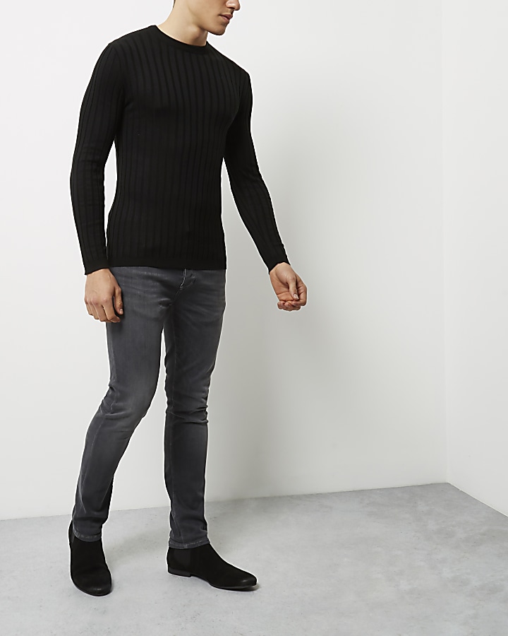 Black ribbed muscle fit jumper