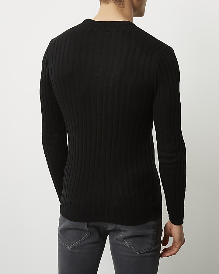 Black ribbed muscle fit jumper