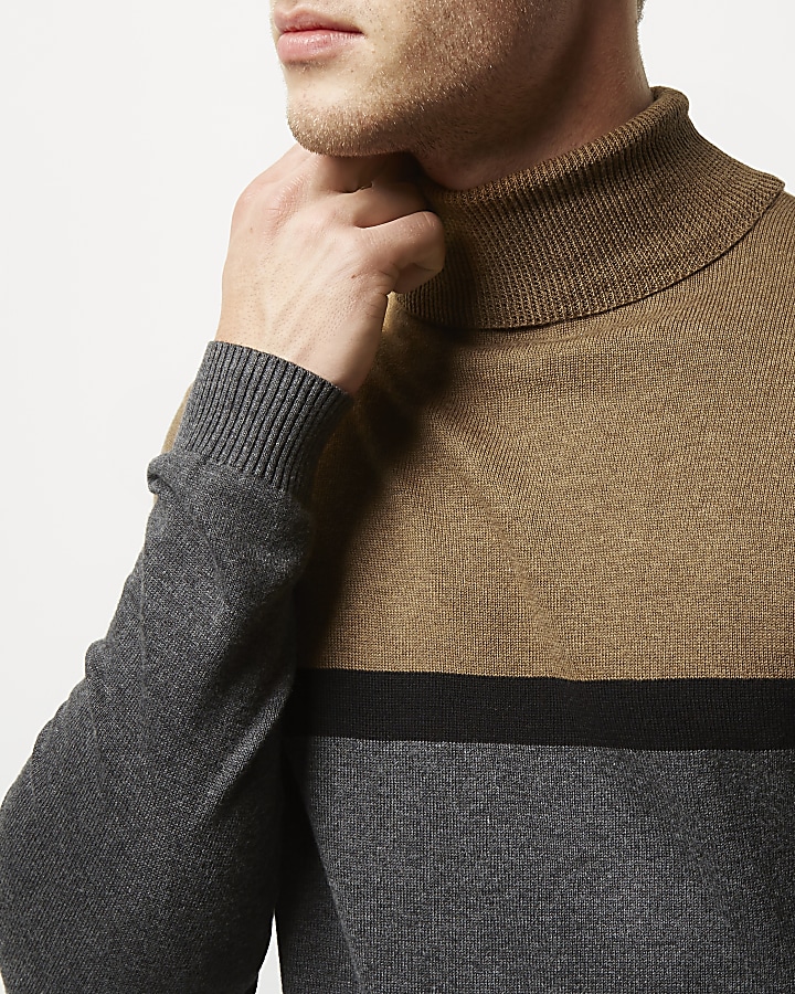 Grey colour block roll neck jumper
