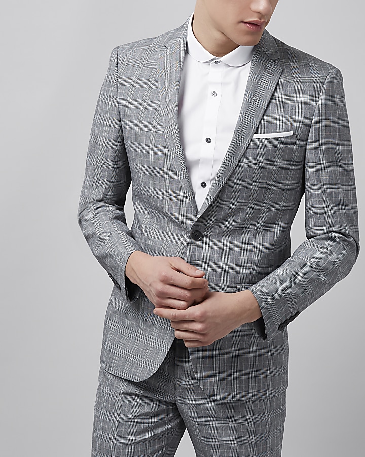 Grey check slim fit suit jacket