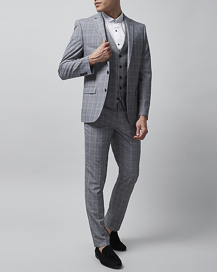 Grey check slim fit suit jacket