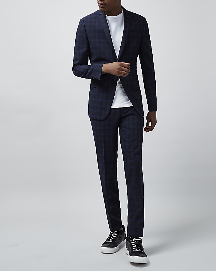 Navy check skinny fit suit trousers