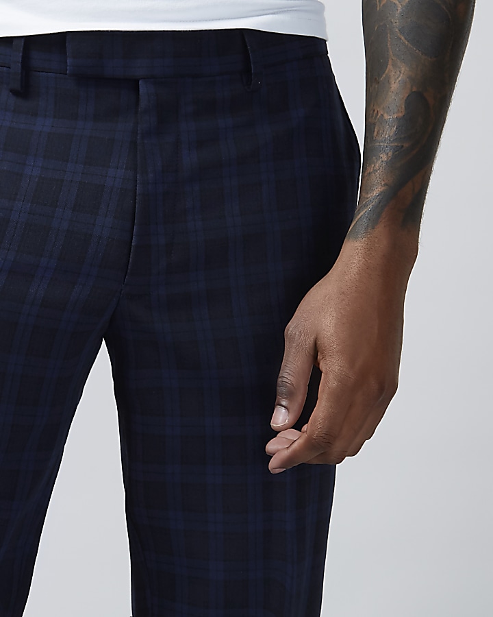 Navy check skinny fit suit trousers
