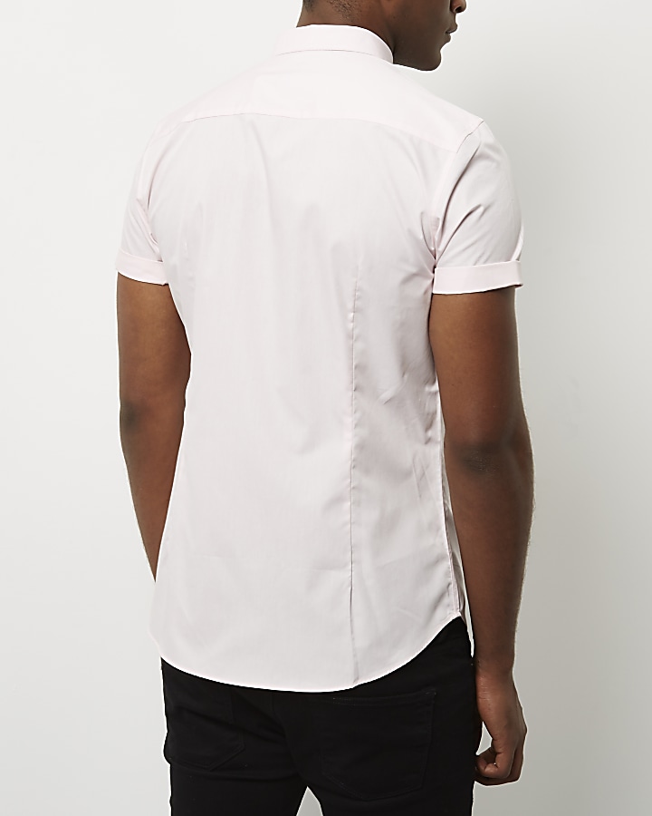 Pink micro collar short sleeve slim fit shirt