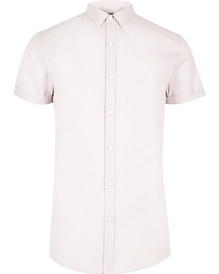 Pink micro collar short sleeve slim fit shirt