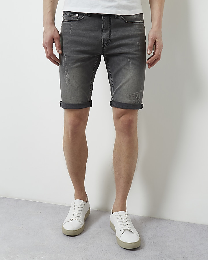 Light grey skinny fit distressed shorts