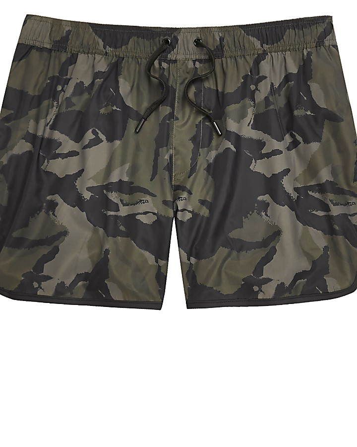 Dark green camo print short swim shorts