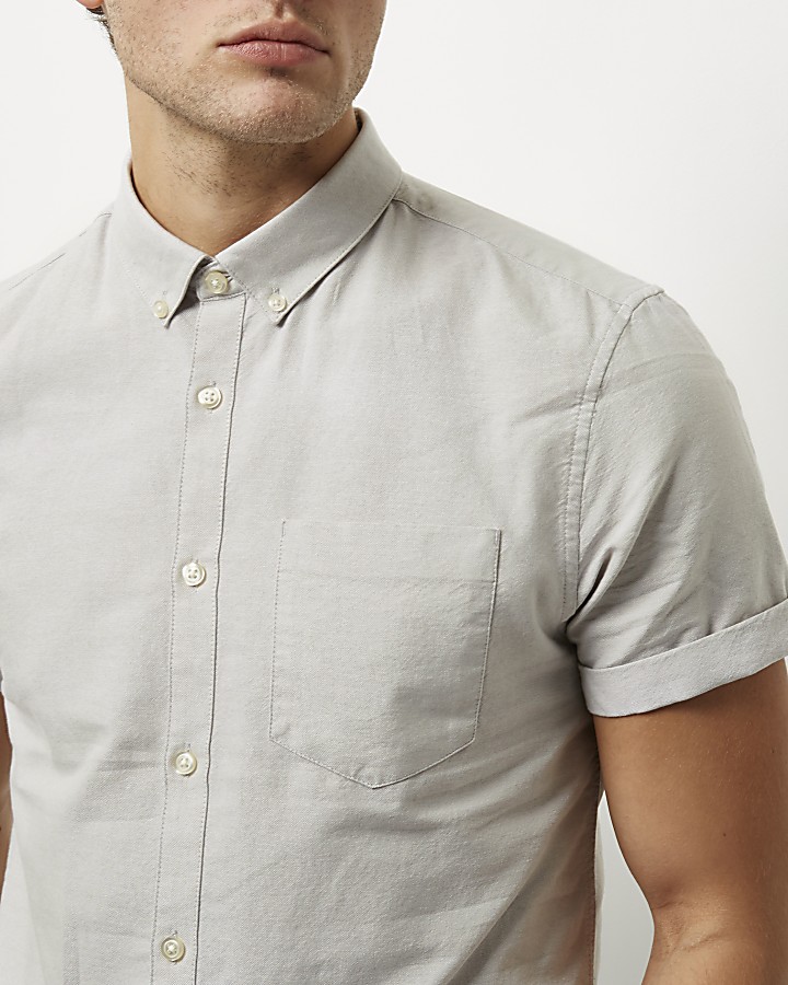 Grey casual short sleeve Oxford shirt
