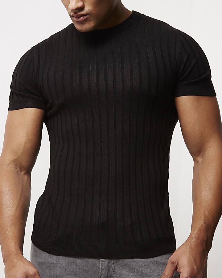Black ribbed muscle fit T-shirt