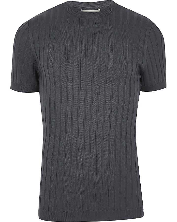 Dark blue chunky ribbed muscle fit T-shirt