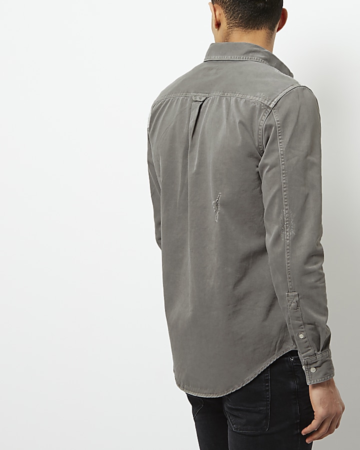 Grey distressed denim shirt