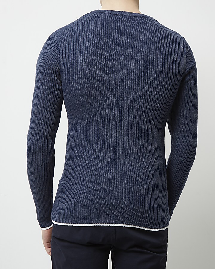 Blue mixed rib muscle fit jumper
